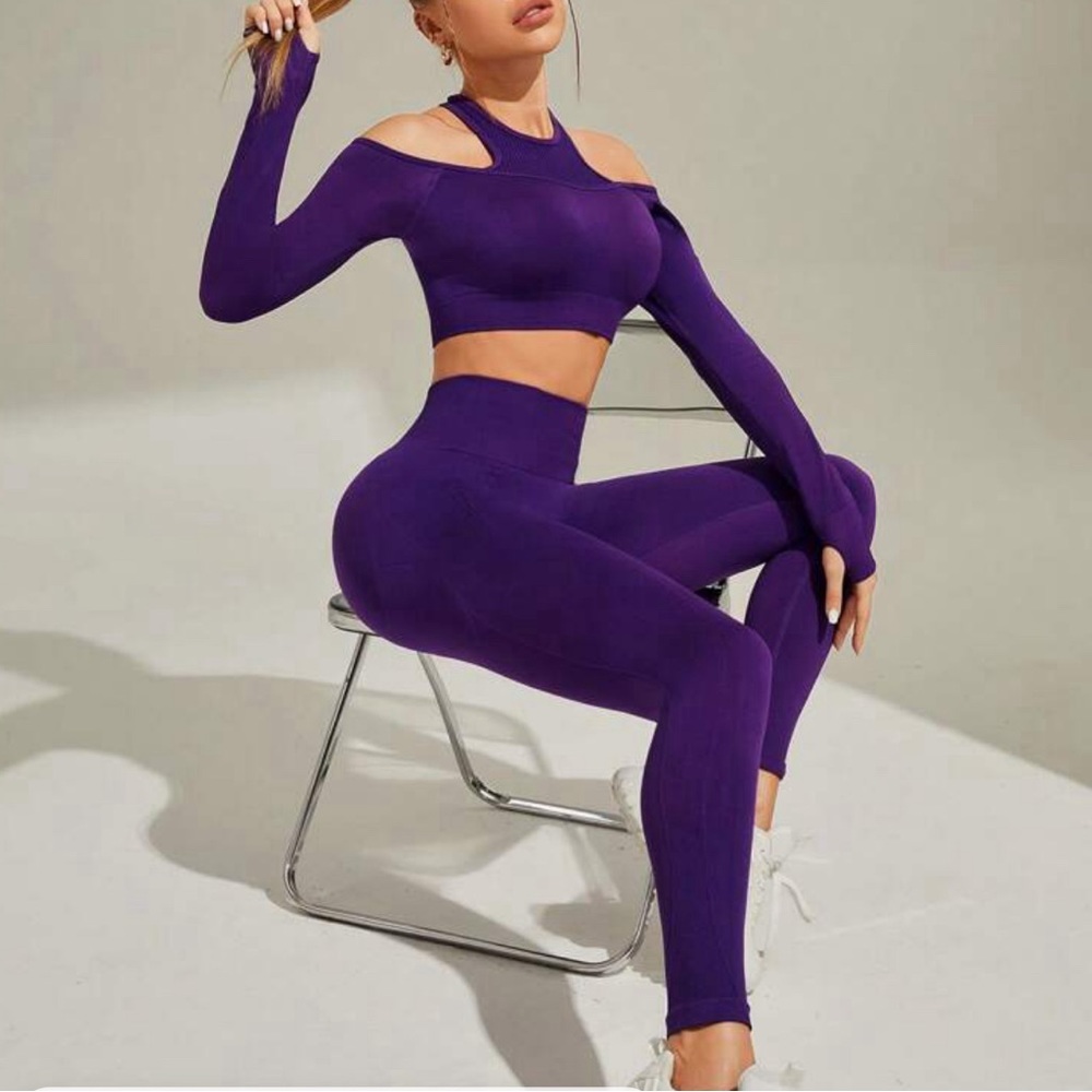Purple work out crop top with cut outs and sleeves